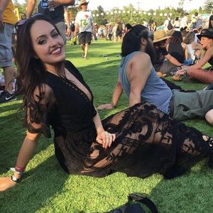 Honey Punch deep V black lace maxi dress.